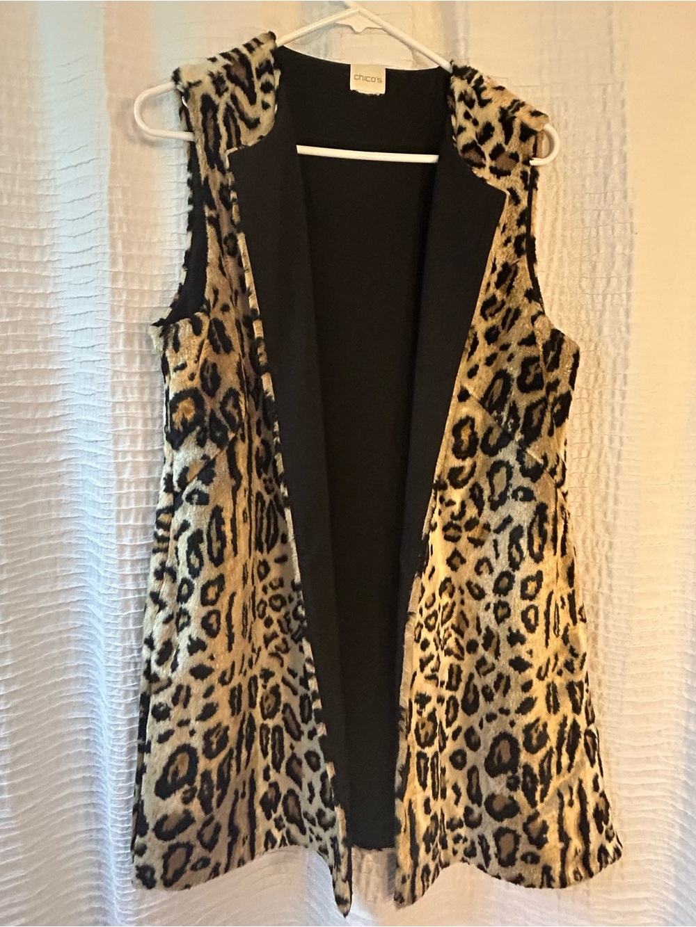 Chico's Leopard Print Faux Fur Hooded Vest - Black & Tan